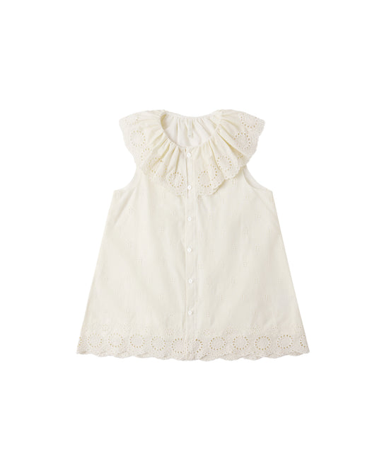 Ivory Marina dress by Rylee & Cru with ruffled sleeves and floral pattern, displayed on a hanger.