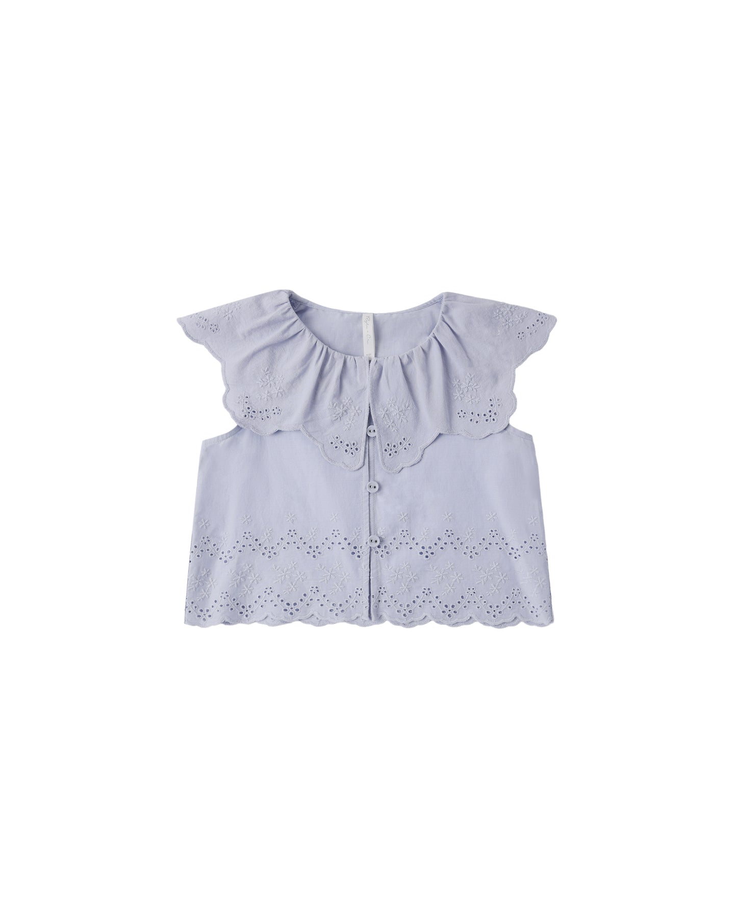 Periwinkle Rylee & Cru Remi Blouse featuring short sleeves and a lightweight fabric, perfect for warm weather.