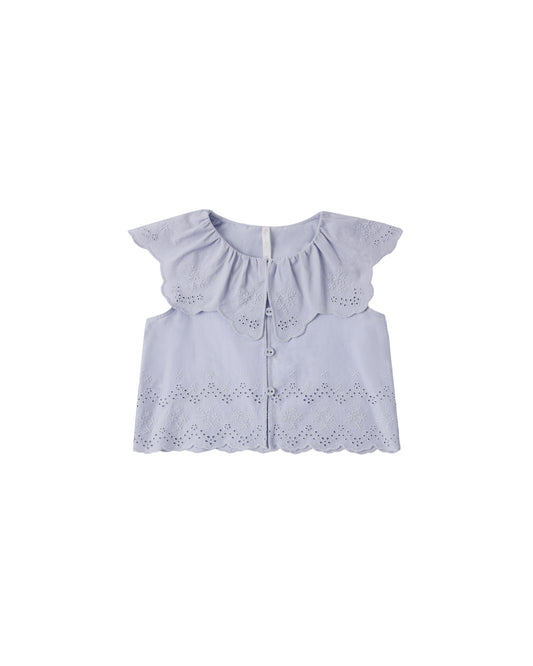 Periwinkle Remi Blouse by Rylee & Cru featuring a soft fabric, long sleeves, and a relaxed fit, ideal for casual wear.