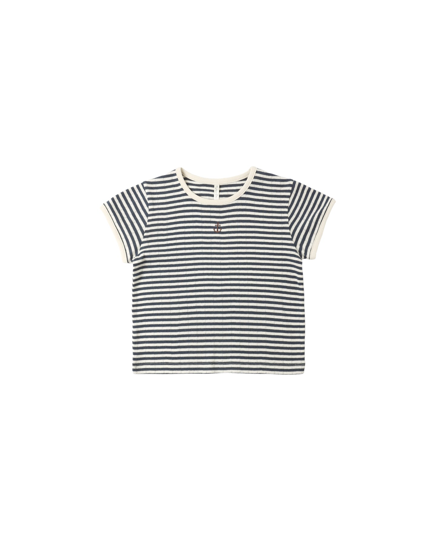 Navy stripe pointelle knit tee by Rylee & Cru featuring a soft, lightweight fabric with subtle textured pattern and short sleeves.