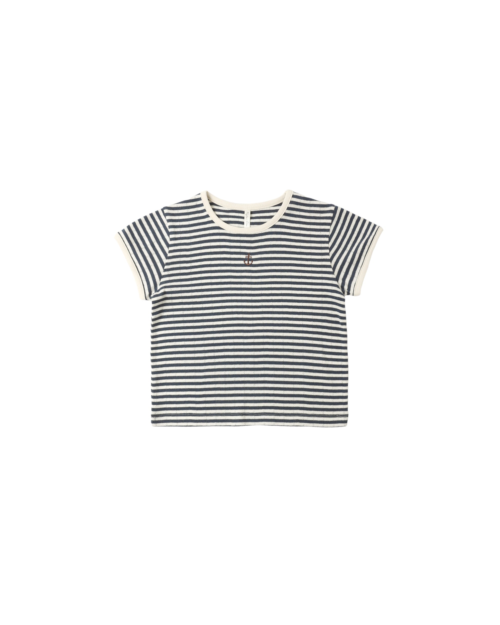 Navy stripe pointelle knit tee by Rylee & Cru featuring a soft, lightweight fabric with subtle textured pattern and short sleeves.