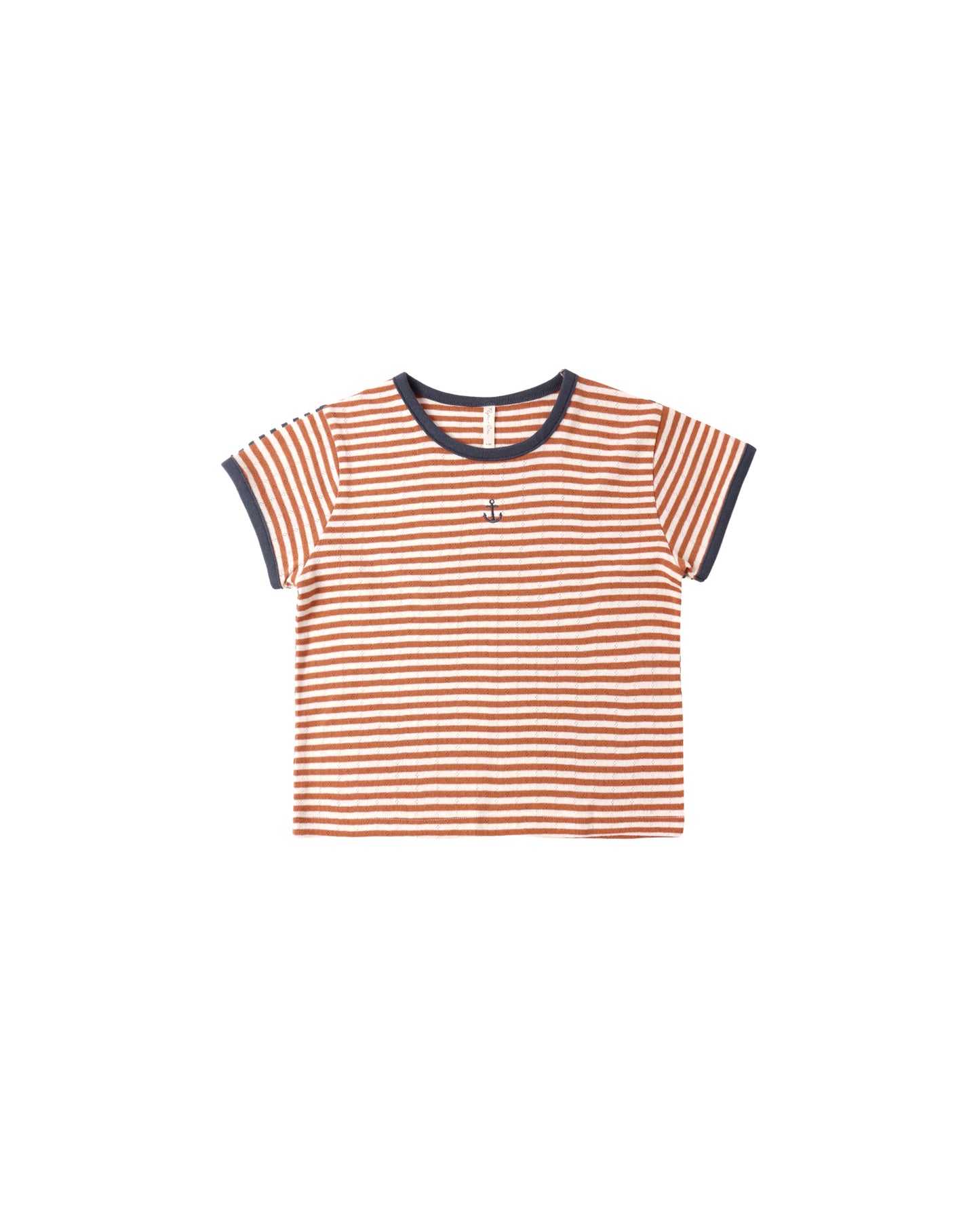 Rylee & Cru Poppy Stripe Pointelle Tee in grey with pink and white stripes, featuring a soft, lightweight knit fabric and a relaxed fit.