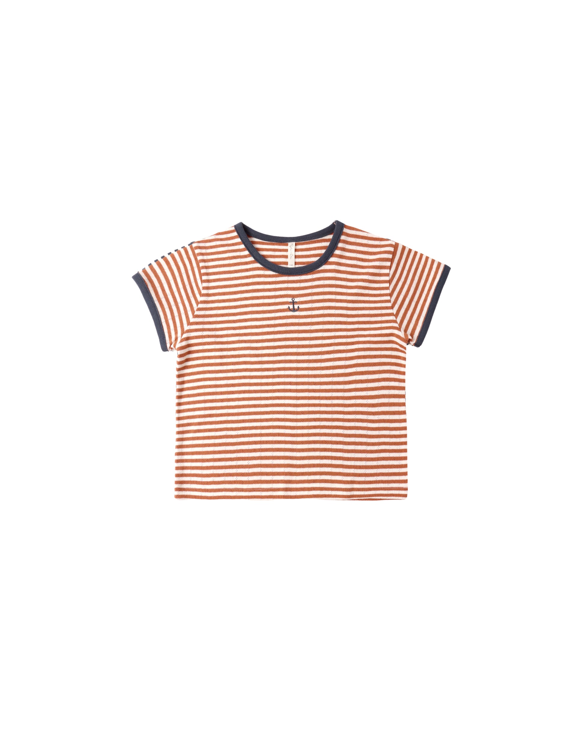Rylee & Cru Poppy Stripe Pointelle Tee in grey with pink and white stripes, featuring a soft, lightweight knit fabric and a relaxed fit.