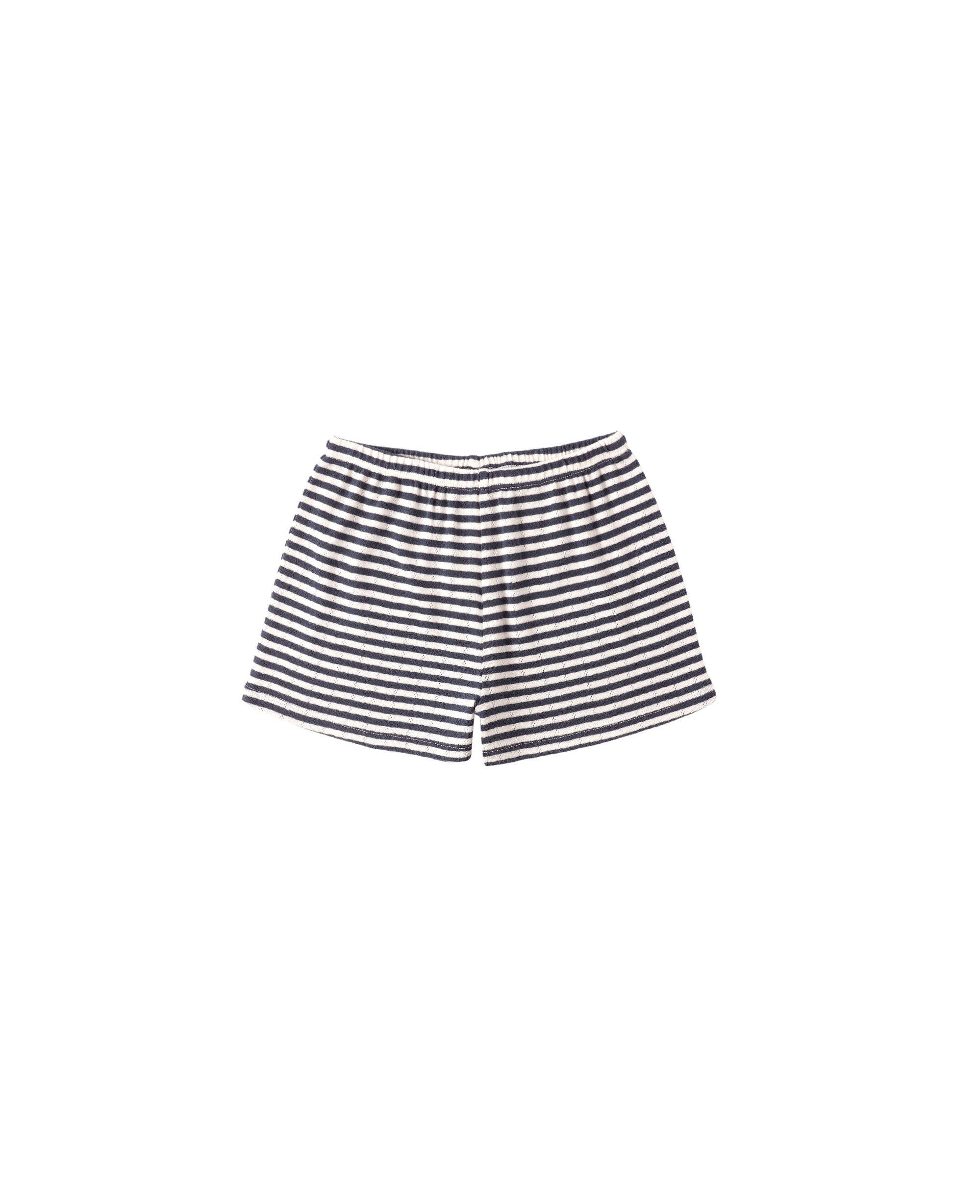 Navy stripe pointelle shorts for kids by Rylee & Cru, featuring soft knit fabric and a comfortable, stylish design.