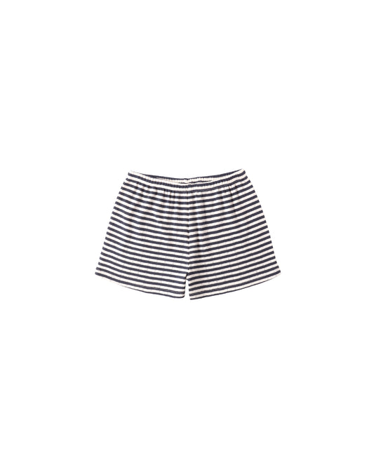 Navy stripe pointelle shorts for kids by Rylee & Cru, featuring soft knit fabric and a comfortable, stylish design.