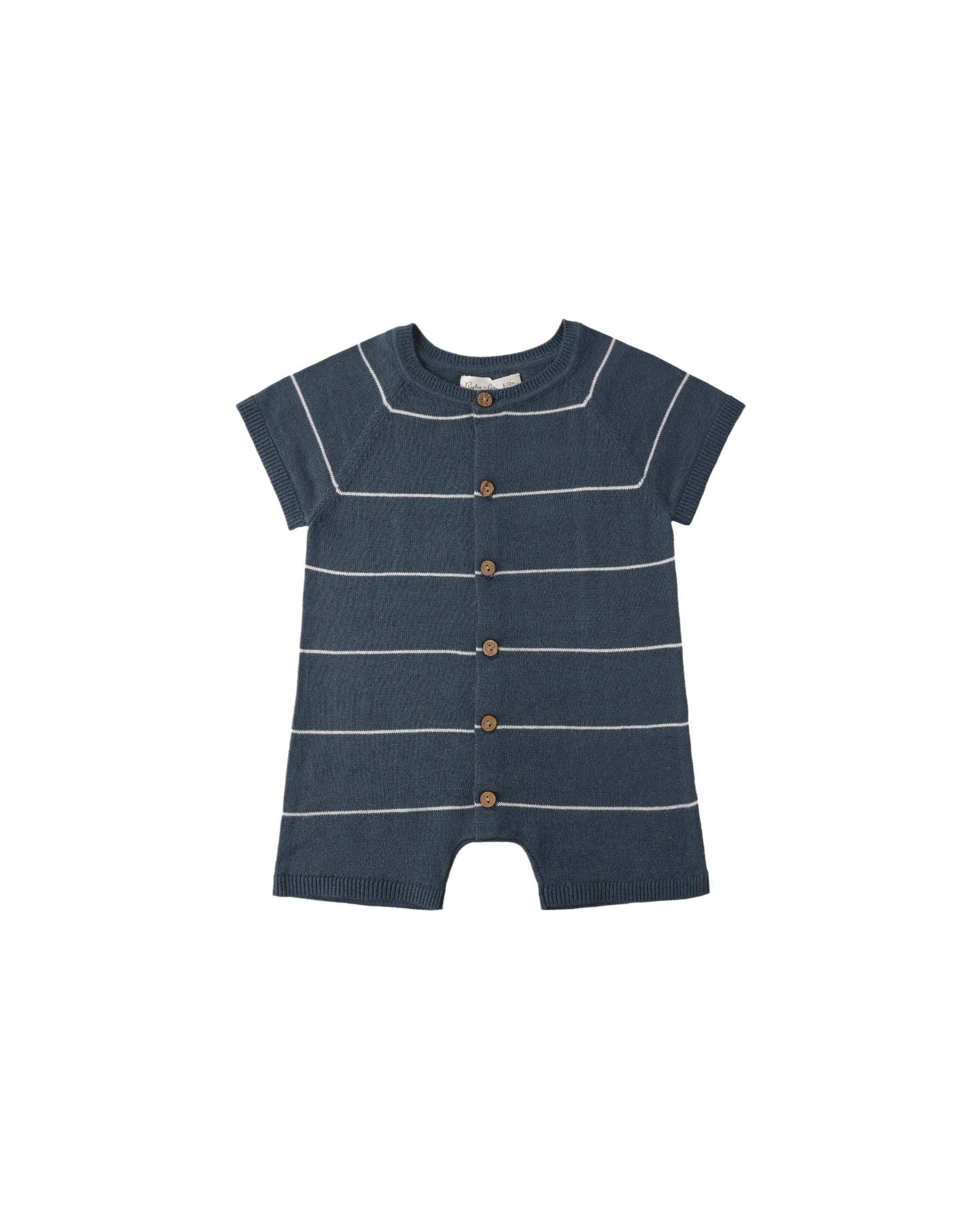 Navy stripe Liam knit romper by Rylee & Cru, front view showing soft fabric and playful pattern for baby or toddler wear.