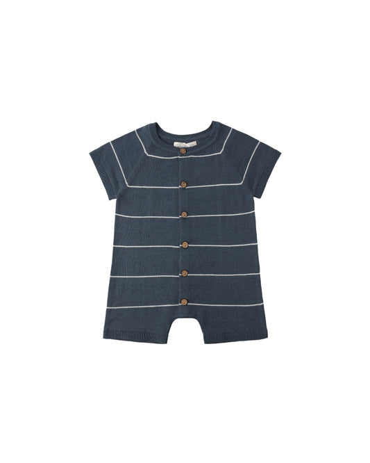 Navy stripe Liam knit romper by Rylee & Cru, front view showing soft fabric and playful pattern for baby or toddler wear.