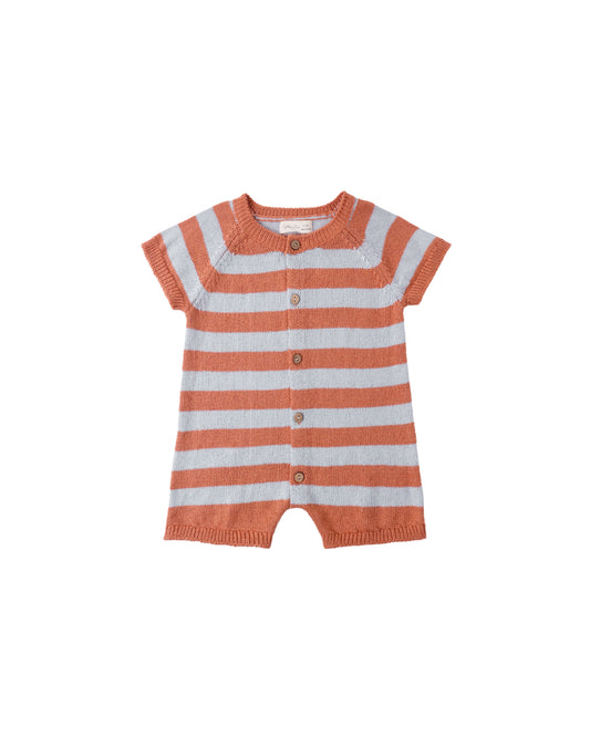 Rylee & Cru Americana Stripe Liam Knit Romper in orange and white, featuring a comfortable, colorful knit design for babies.