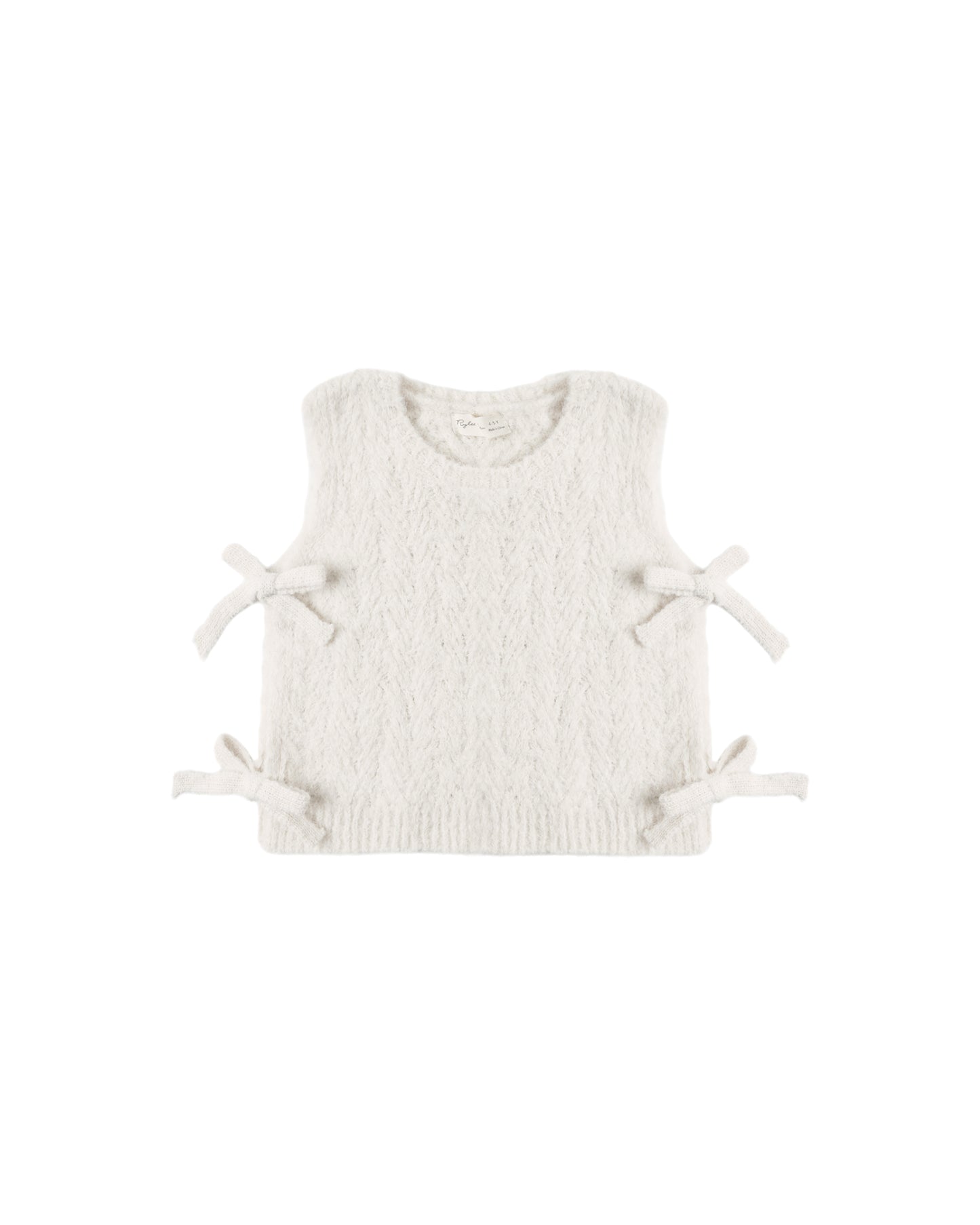 Ivory bow sweater vest by Rylee & Cru featuring a knitted design and a decorative bow at the front.