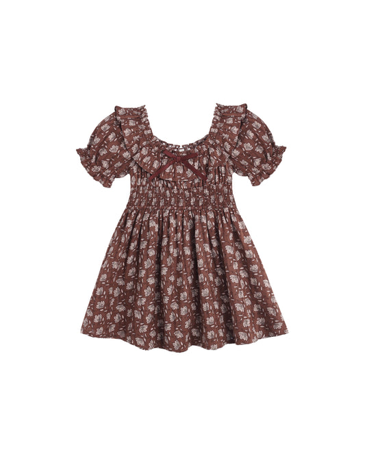 Rylee & Cru Mulberry Iris Dillon Dress for girls, pink floral pattern, soft fabric, and ruffled details, perfect for spring.