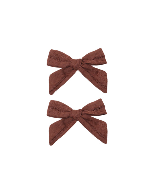 Pair of Rylee & Cru Mulberry bows in a set of two, featuring soft fabric and elegant design for babies and toddlers.
