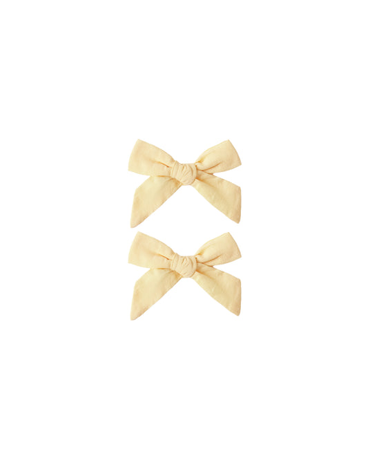 Rylee & Cru Lemon Bows set of 2, yellow fabric hair accessories with lemon print, for children's hairstyles.