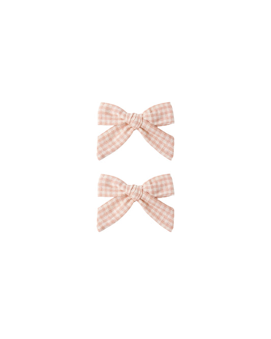 Set of two Rylee & Cru Petal Gingham Bows featuring pink and white gingham fabric, ideal for pet or baby accessories.