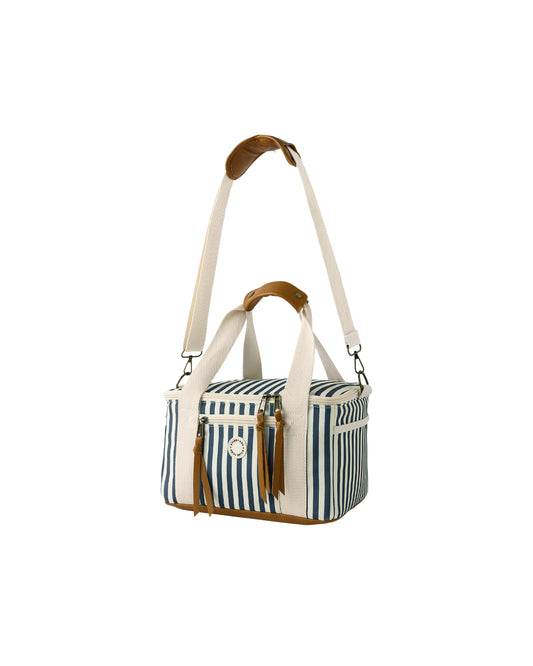 Navy stripe cooler bag by Rylee & Cru with a zipper closure and carrying handle, perfect for keeping drinks and snacks cool.