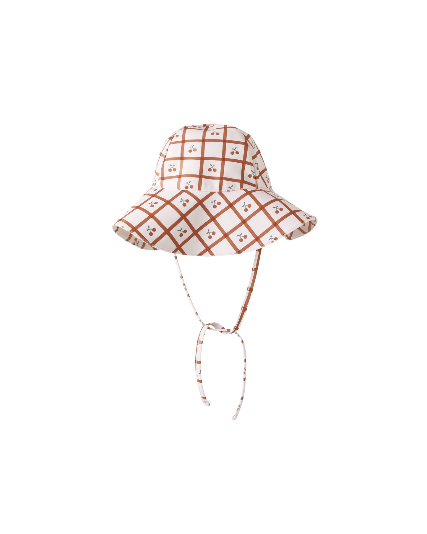 Rylee & Cru Cherry Check floppy swim hat in natural fabric with wide brim and cherry pattern for sun protection.