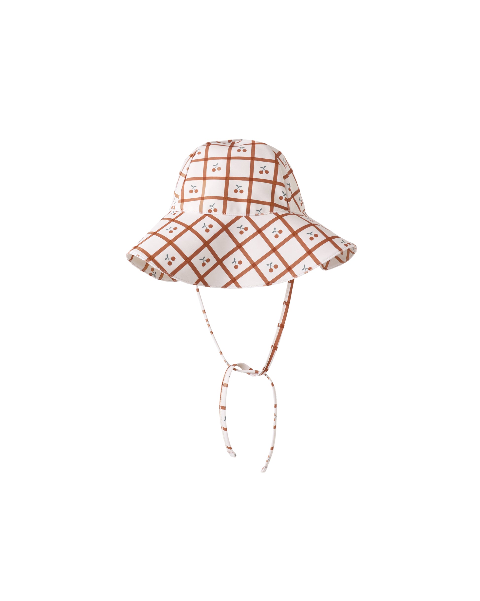 Rylee & Cru Cherry Check floppy swim hat in natural fabric with wide brim and cherry pattern for sun protection.