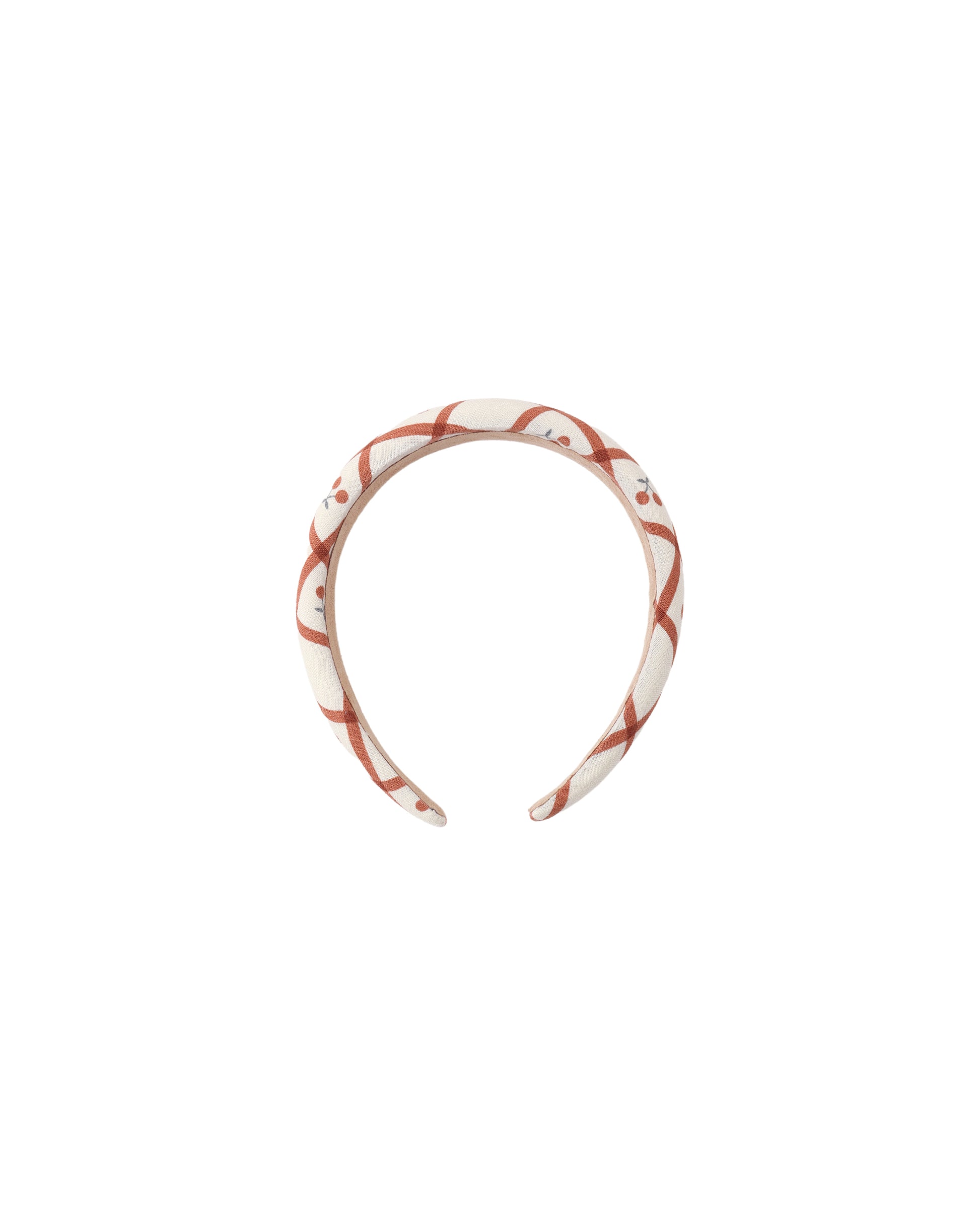 Cherry check padded headband by Rylee & Cru featuring a soft fabric with a padded, comfortable design and cherry check pattern.
