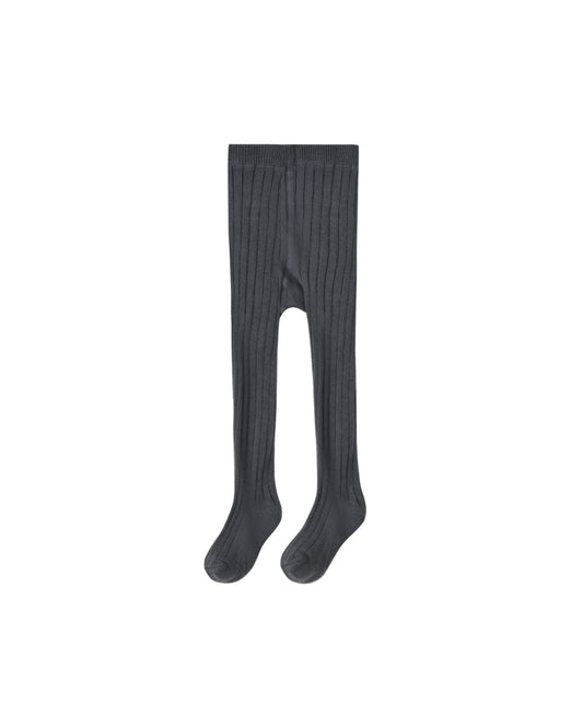 Rylee & Cru midnight ribbed tights showing close-up of dark, stretchy ribbed fabric for children or infants.