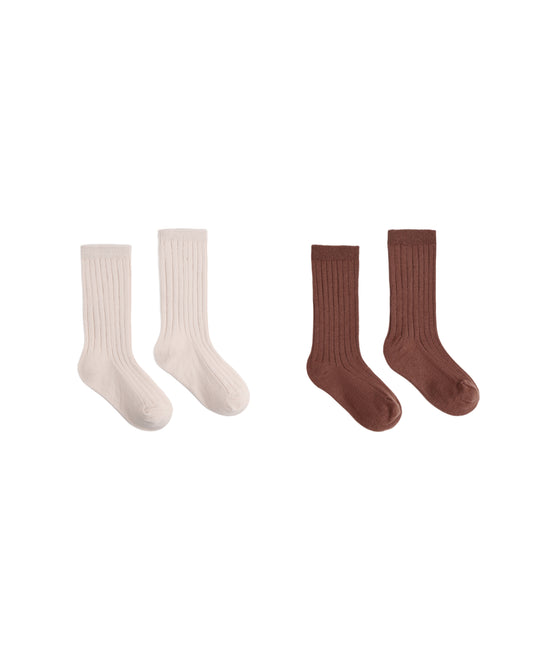 Rylee & Cru Petal Mulberry ribbed socks 2-pack with pink and purple knit patterns for infants and toddlers.