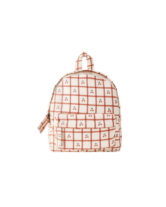 Rylee & Cru Cherry Check Mini Backpack with natural-colored check pattern, small size, and adjustable straps.
