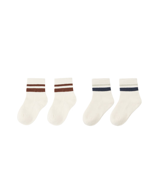 Mulberry stripe socks in natural and navy from Rylee & Cru, soft cotton knit, 2-pack for babies and toddlers.