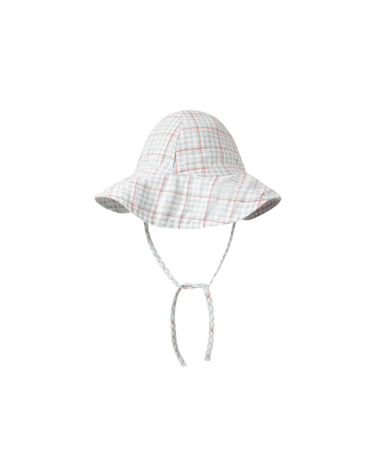 Light blue plaid floppy sun hat by Rylee & Cru with wide brim and soft fabric for sun protection and stylish summer wear.