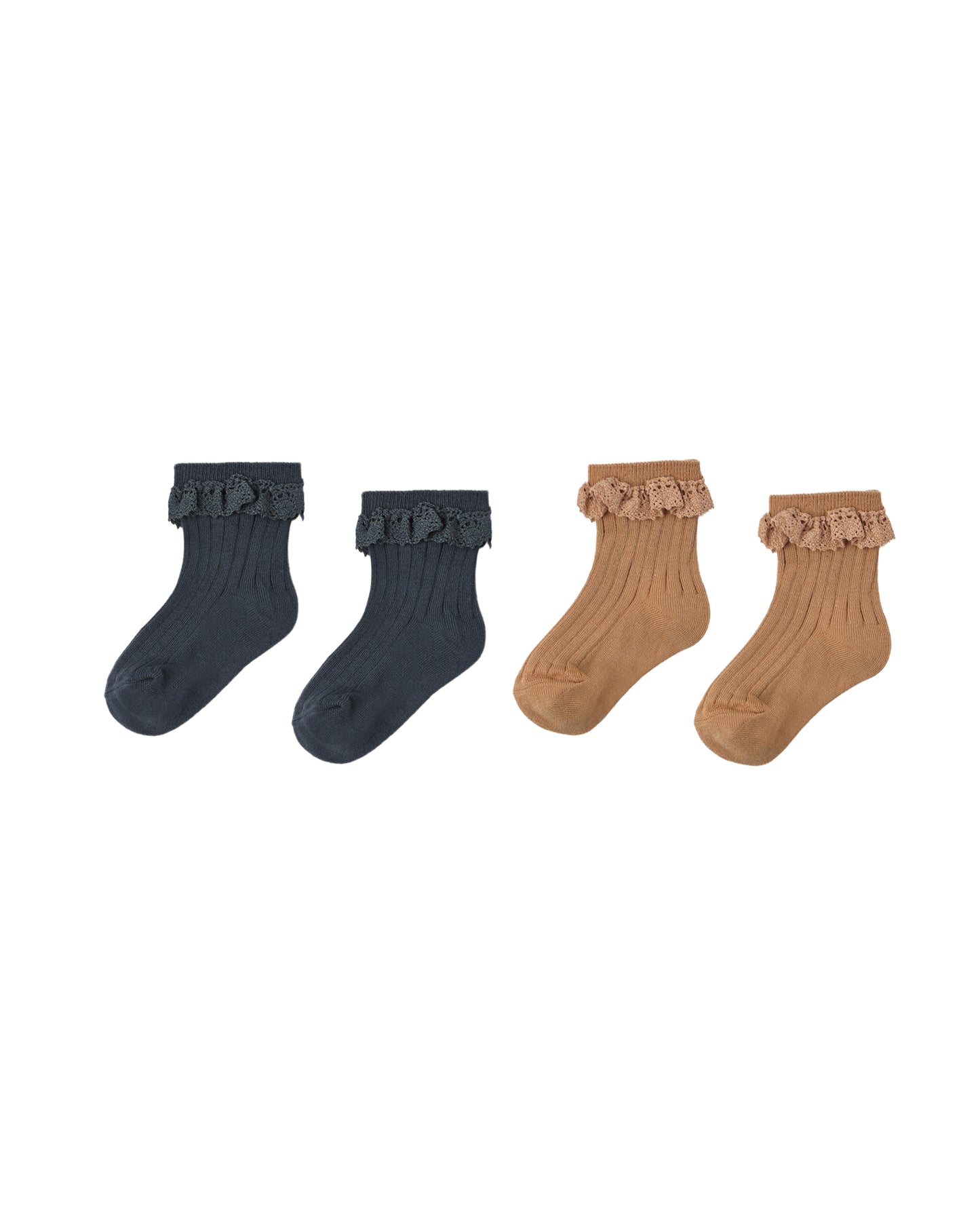 Pair of Rylee & Cru midnight lace trim socks in fawn color, featuring delicate lace detail, shown on a small child's feet.