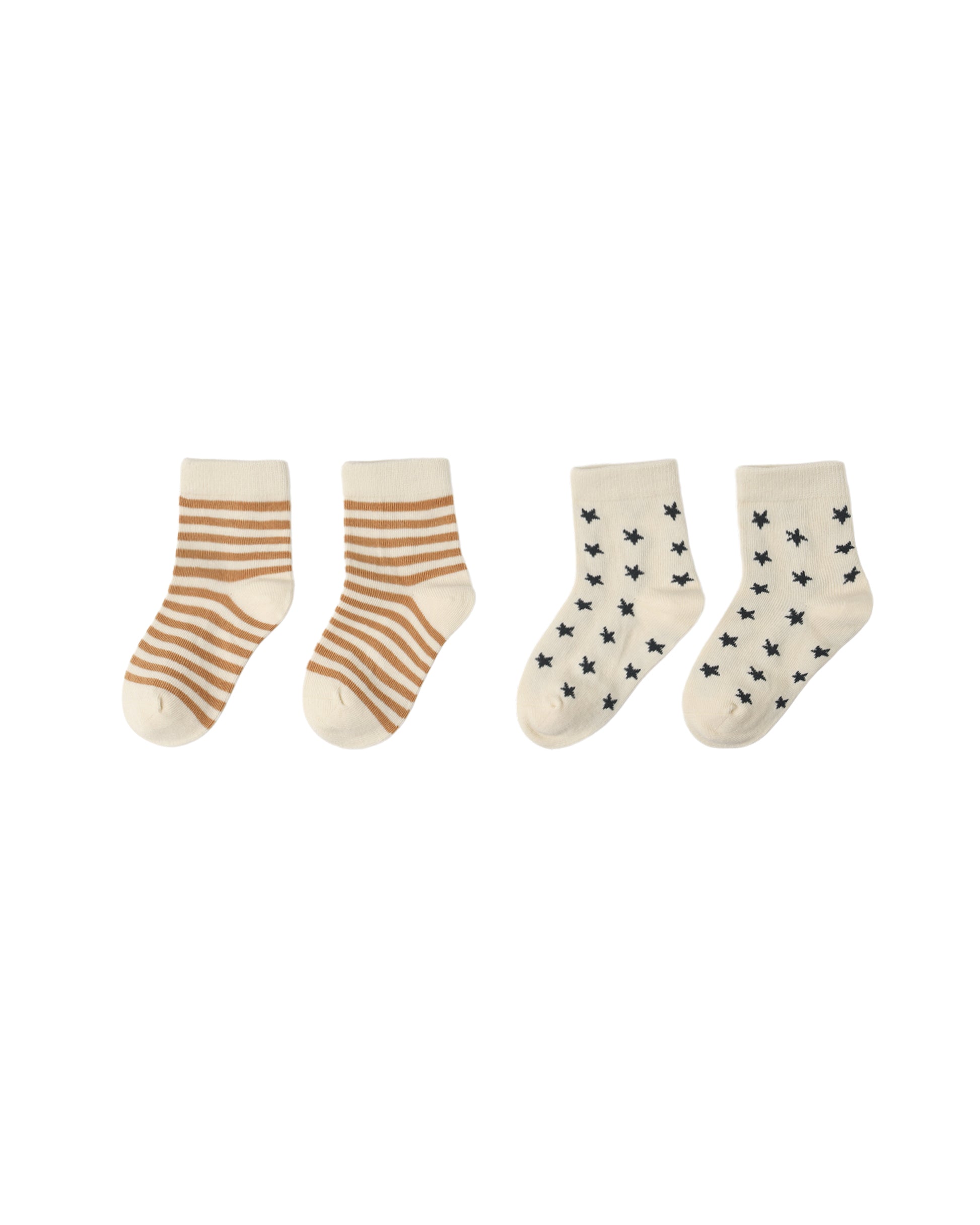 Pair of Rylee & Cru Fawn Stripe and Midnight Stars Jacquard Socks in a two-pack, featuring colorful striped and star patterns.