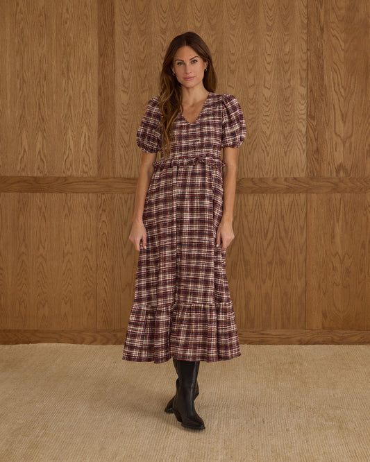 Women's burgundy plaid Kate dress by Rylee & Cru, featuring a stylish and comfortable design with a classic plaid pattern.