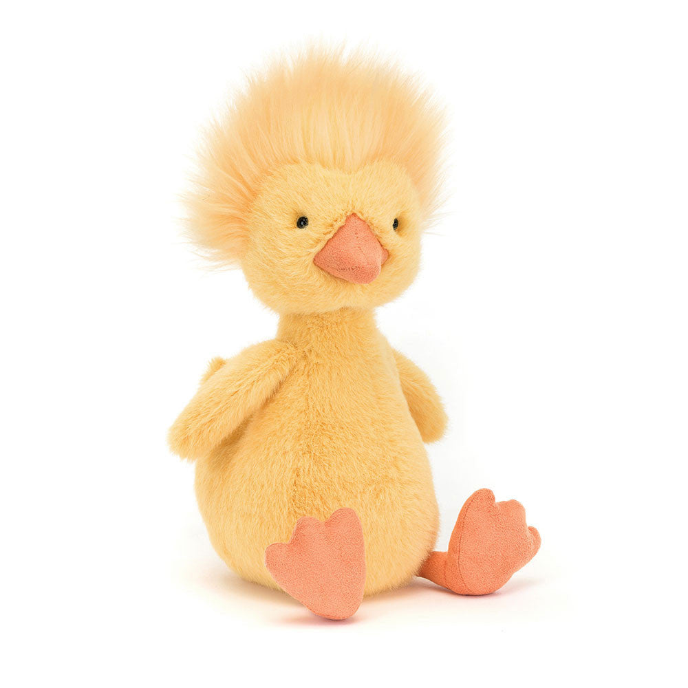Soft Jellycat Dorit Duckling plush toy with yellow feathers and orange beak, ideal for cuddling and play.