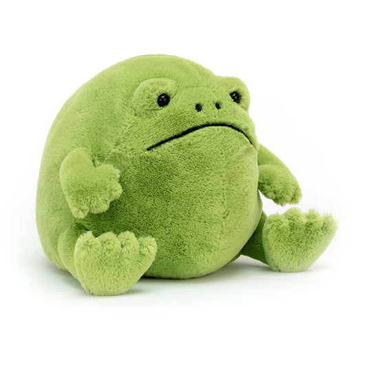 Soft Jellycat Ricky Rain Frog plush toy with vibrant green and yellow colors, detailed facial features, and a cute, cuddly appearance.