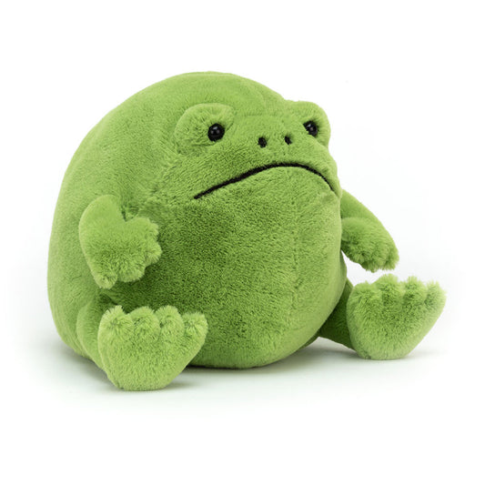 Soft Jellycat Ricky Rain Frog plush toy with bright green body and detailed textured skin, perfect for cuddling and play.