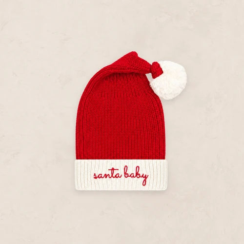 Red knitted Santa Baby beanie with embroidered details from Lou Lou & Co, featuring a festive holiday design and cozy winter style.