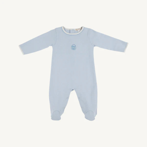 The Beaufort Bonnet Company - Rock Me Romper Buckhead Blue with Palmetto Pearl & Pumpkin Embroidery