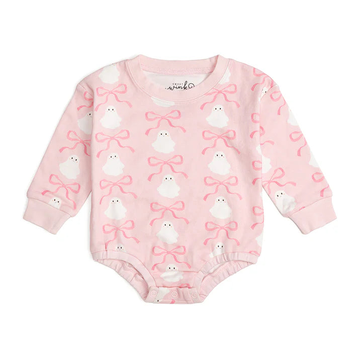 Sweet Wink - Coquette Ghost Halloween Long Sleeve Romper - Pink
