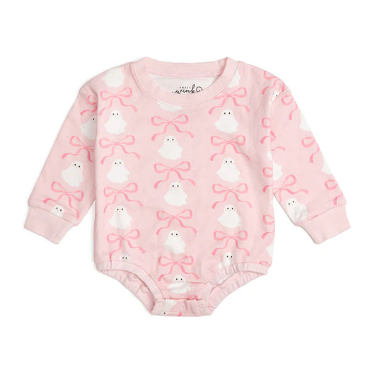 Sweet Wink - Coquette Ghost Halloween Long Sleeve Romper - Pink