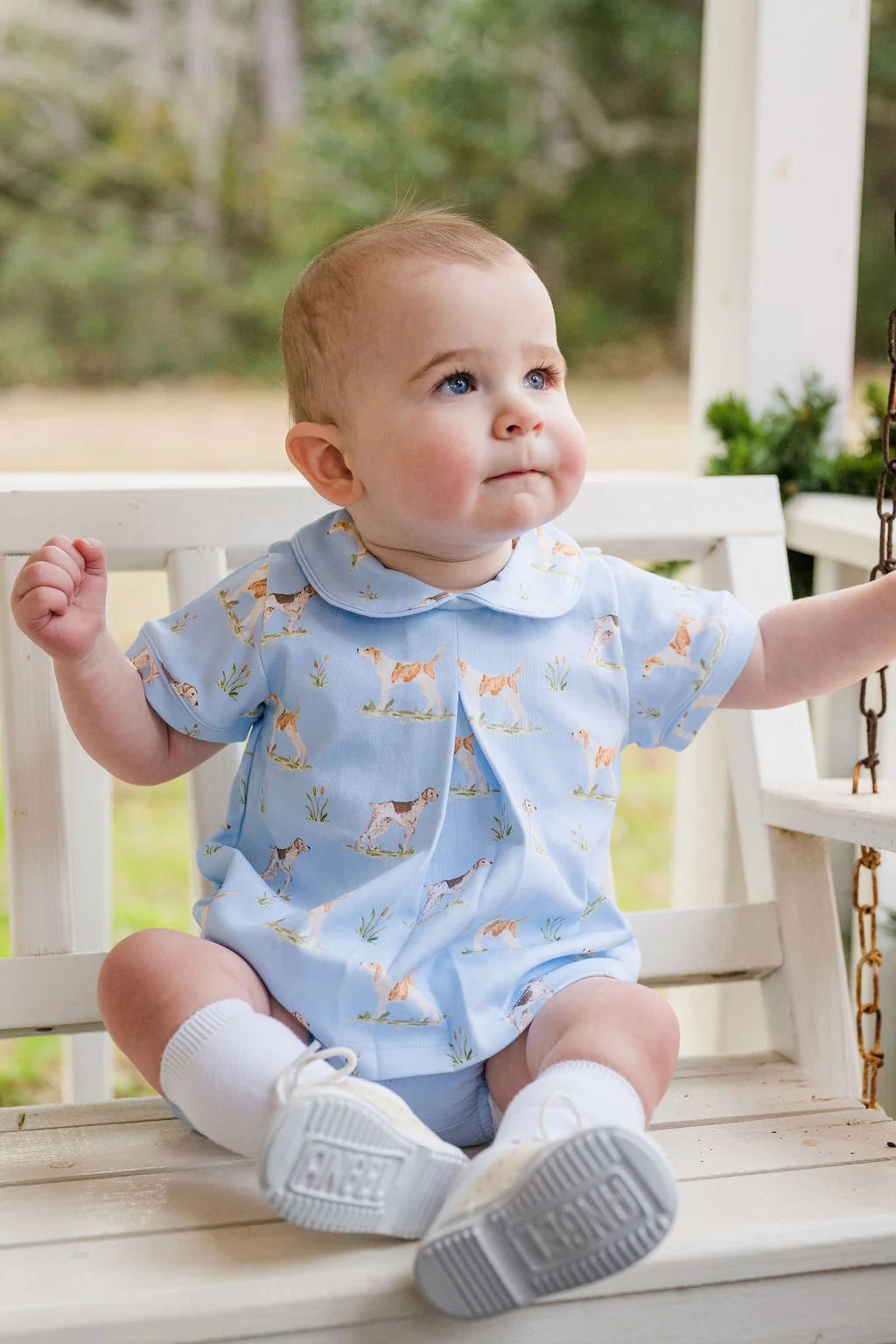 James & Lottie Puppy Dog Tails Rory diaper set featuring soft fabric and playful puppy print for comfortable dog wear.