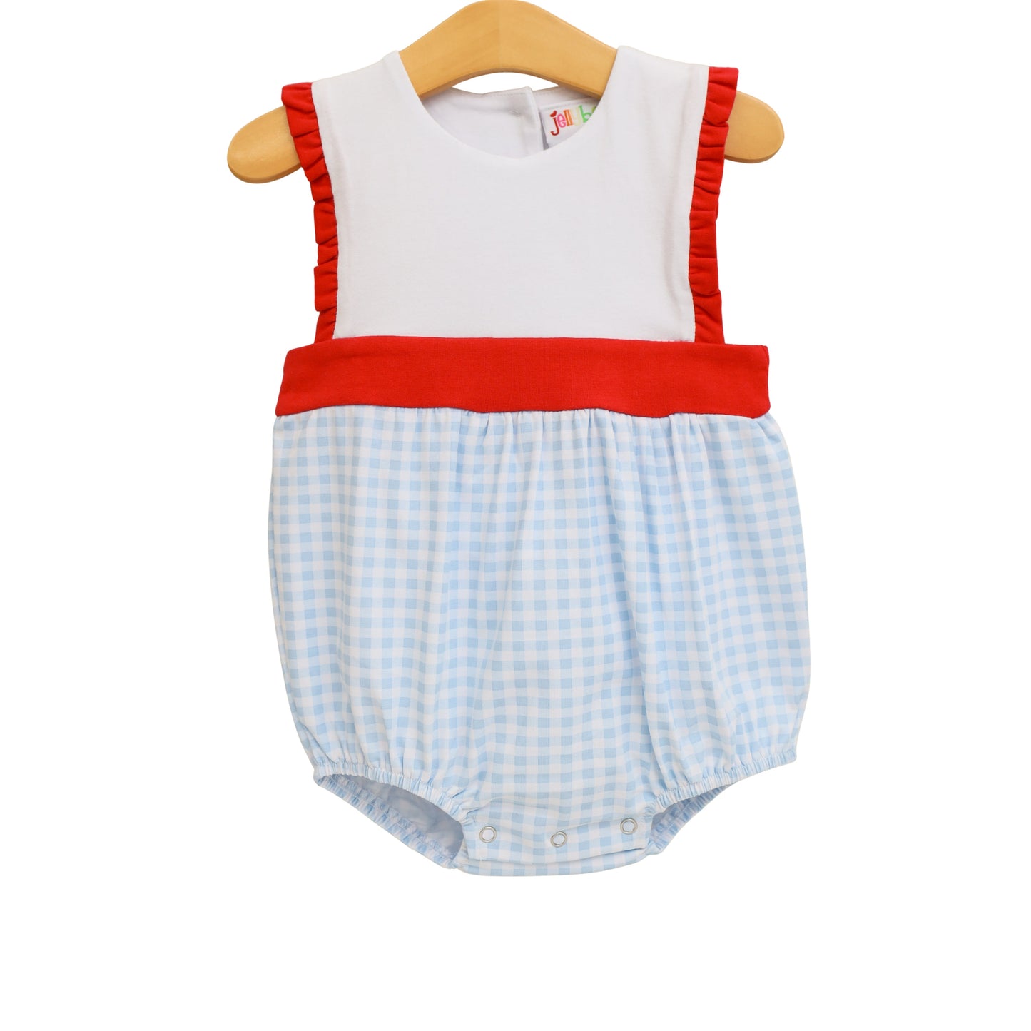 Jellybean Southern Summer Gingham Sophia Bubble dress in pink and white gingham fabric, styled for warm weather.