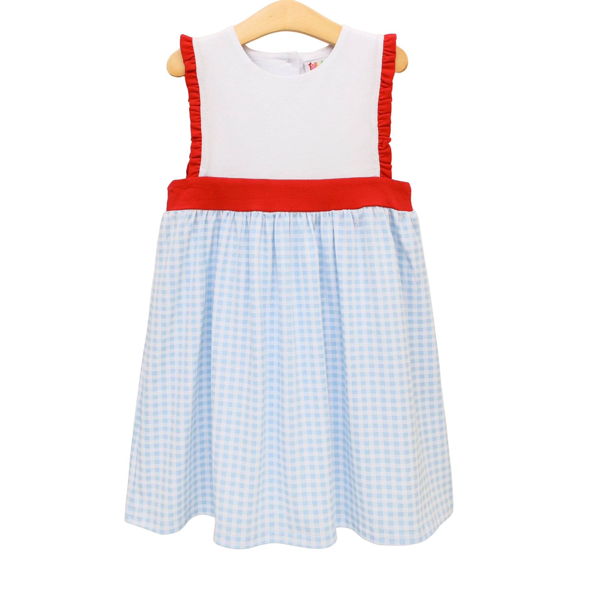 Pink and white gingham Southern Summer Sophia Dress for girls by Jellybean, with ruffled sleeves and a bow detail.