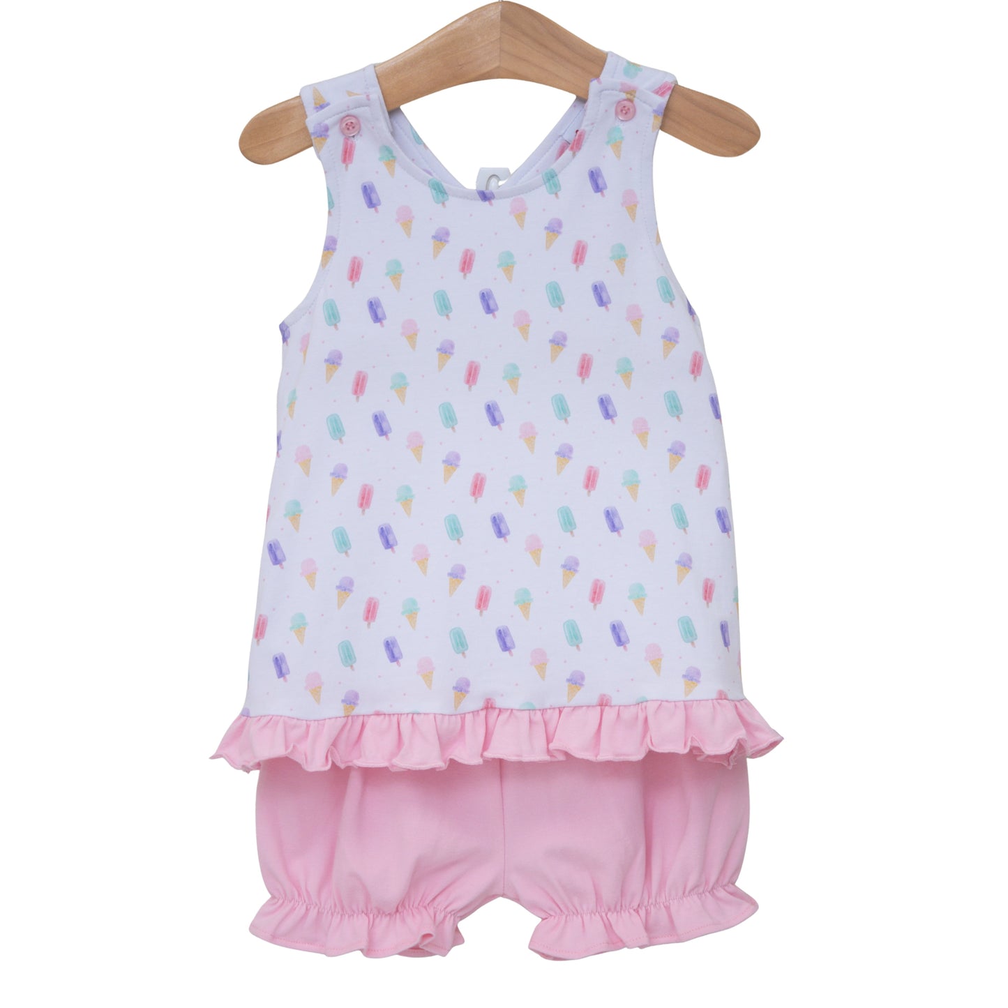 Jellybean Summertime Sweets swing back bloomer set for baby girls, featuring colorful floral print and comfortable fabric.