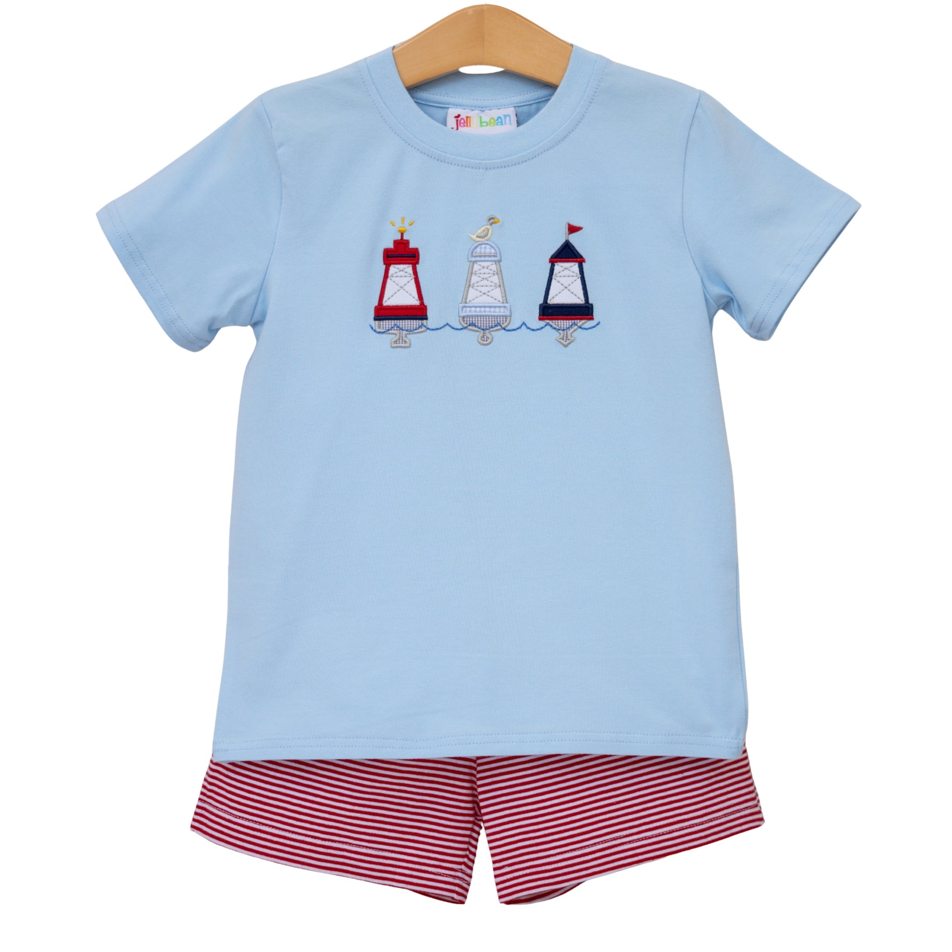 Red, white, and buoy print short set for girls by Jellybean, featuring a playful summer design and comfortable fit.