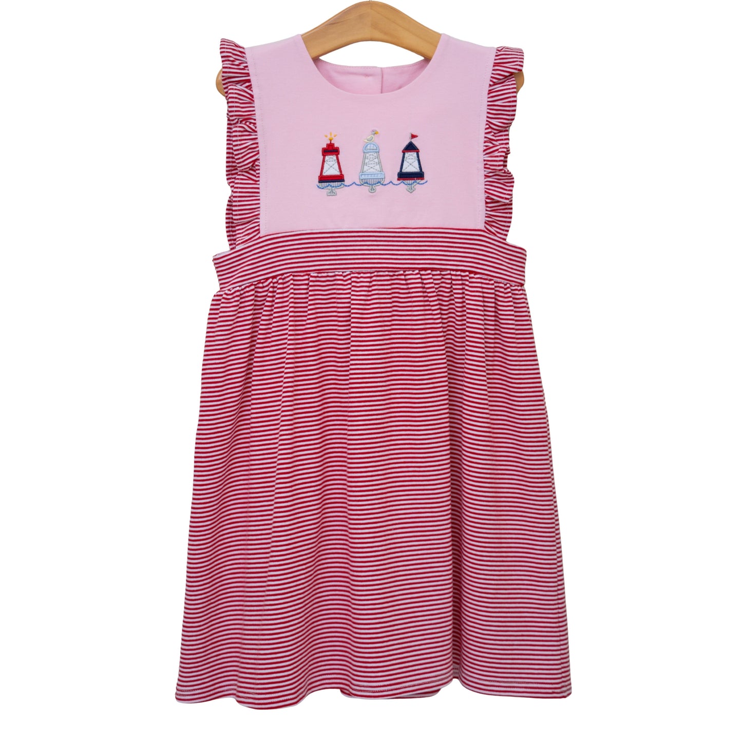 Red, white, and buoy patterned Sophia dress by Jellybean featuring a sleeveless design and playful summer style.