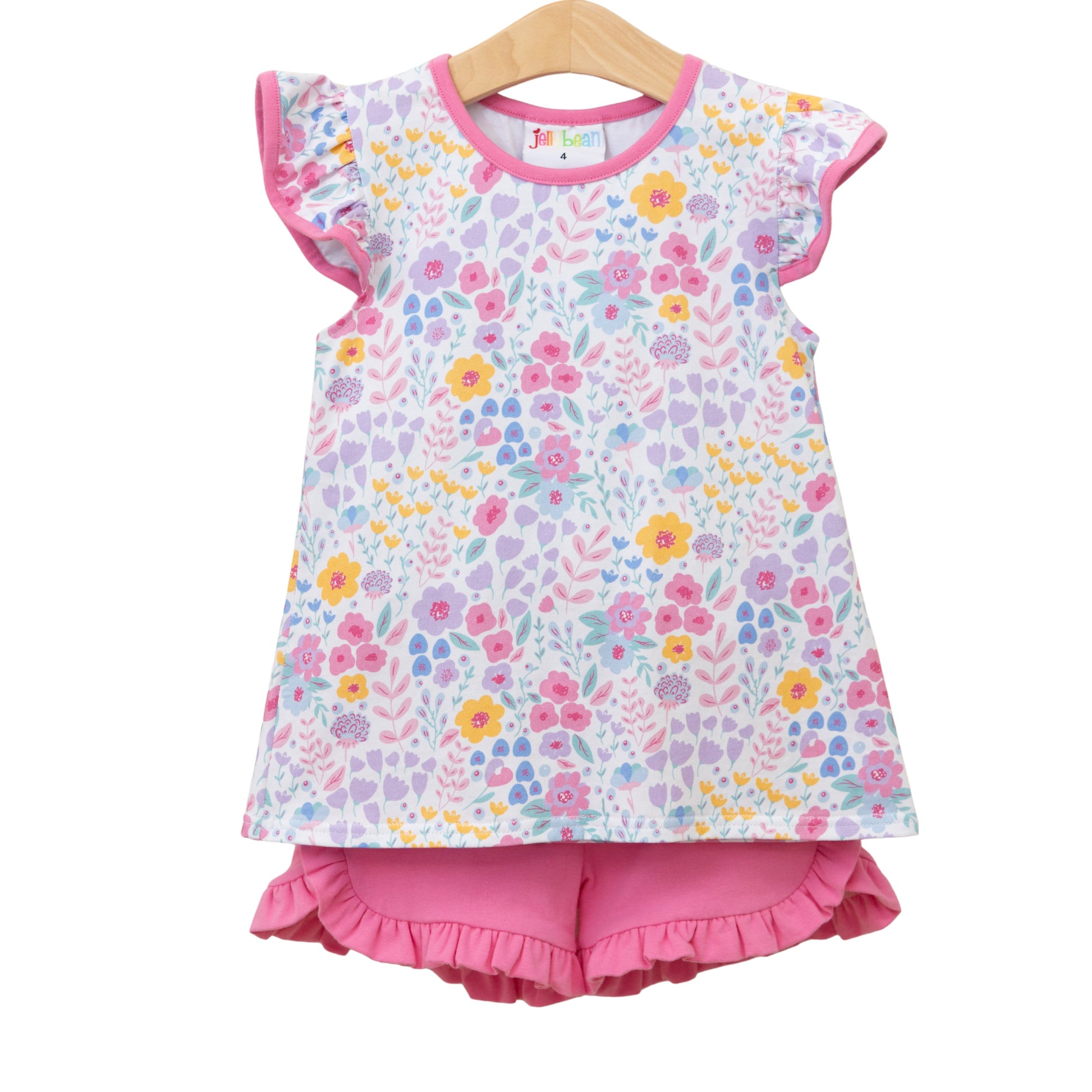 Jellybean Poppies and Petals Ruffle Short Set with colorful floral pattern and ruffled details on shorts and top.