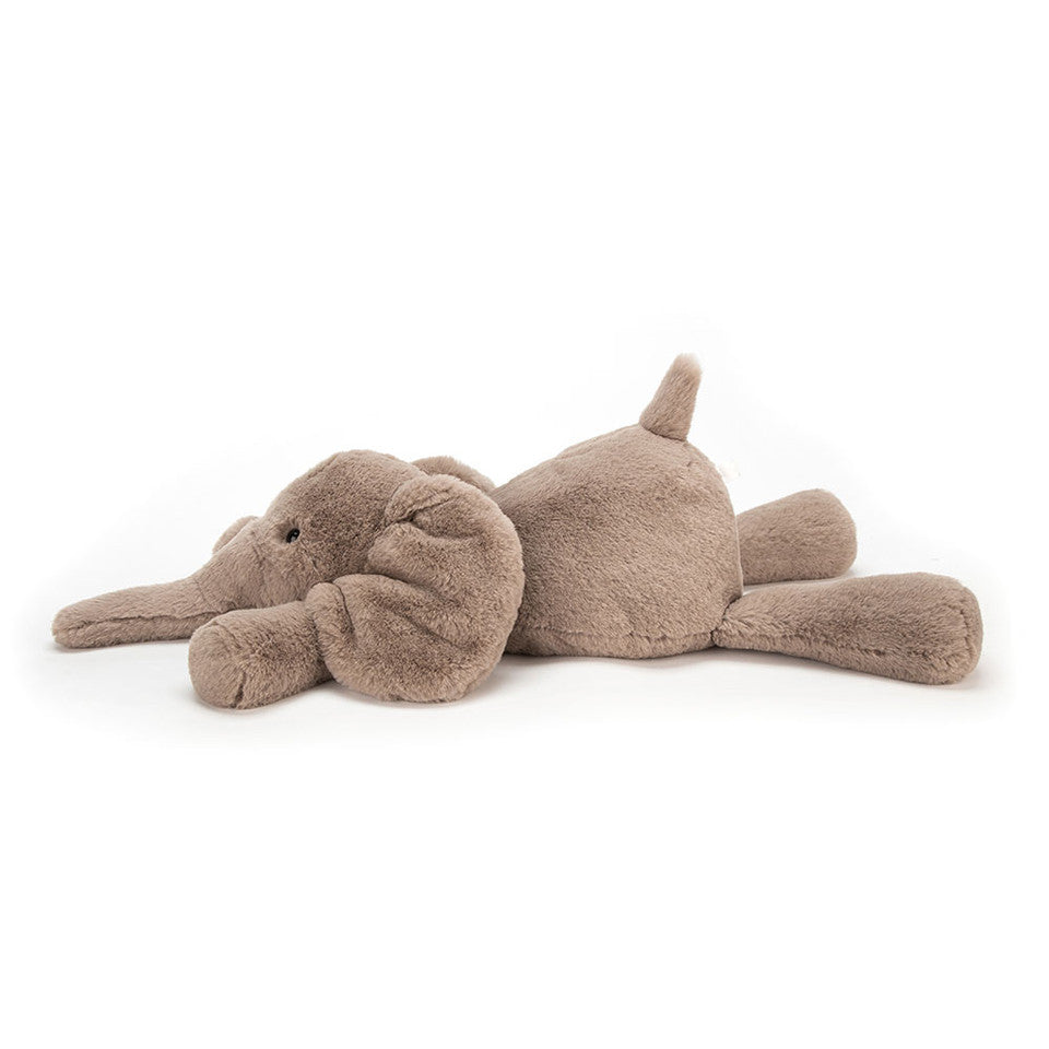 Soft Jellycat Smudge Elephant plush toy with gray fur and large floppy ears, ideal for cuddling and gentle play.
