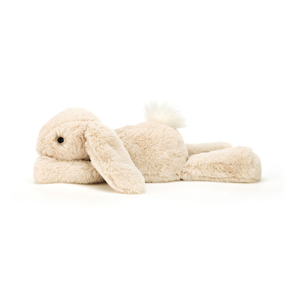 Soft Jellycat Smudge Rabbit Original plush toy with floppy ears and fluffy tail, showcasing its cute, cuddly design.