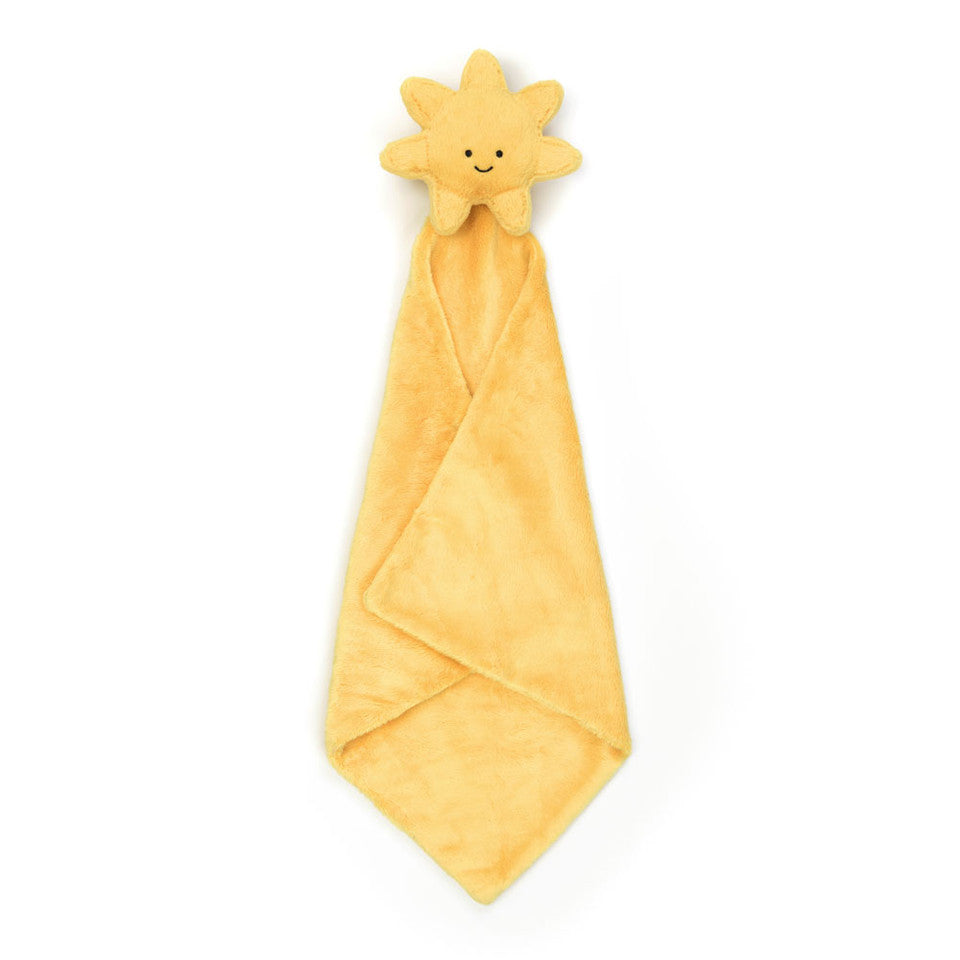 Soft Jellycat Amuseables Sun Soother plush toy with a bright yellow sun design, featuring a smiling face and cuddly fabric.