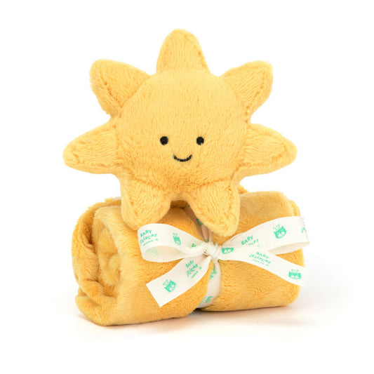 Soft Jellycat Amuseables Sun Soother plush toy with a cheerful sun face and yellow fabric, perfect for cuddling and comfort.