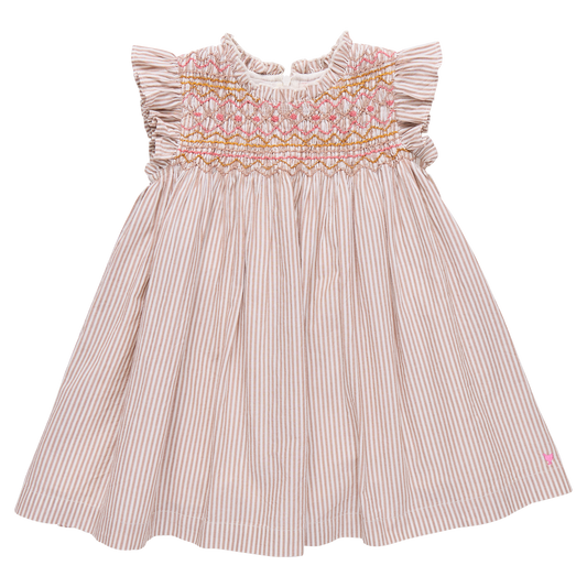 Tawny brown striped girls' Stevie dress by Pink Chicken, featuring a comfortable fit and stylish design for children.