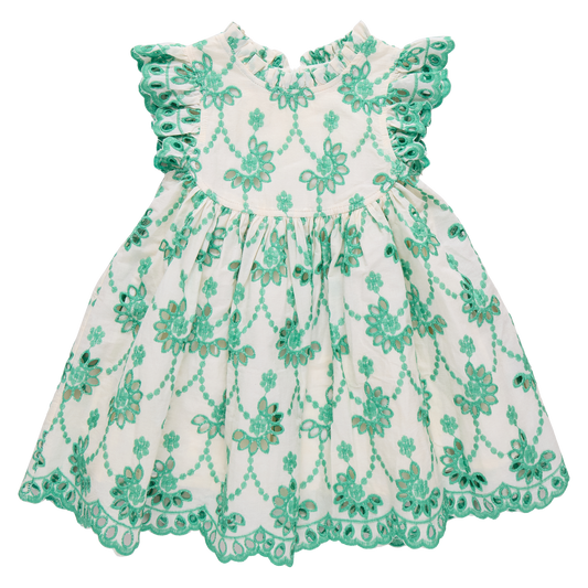 Kelly green eyelet girls Cynthia dress by Pink Chicken, featuring a sleeveless design and floral embroidery, perfect for summer wear.