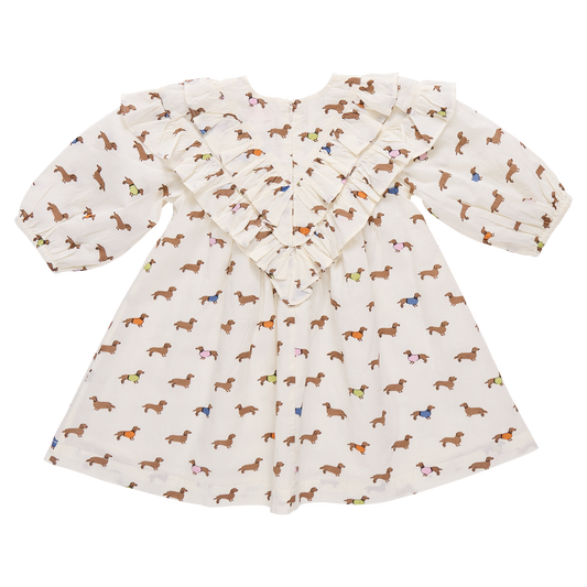 Pink Chicken girls' dress featuring adorable Dachshund in sweaters pattern, perfect for stylish little girls.